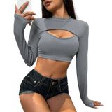 Hollow Out Kırpılmış T-Shirt Uzun Kollu Bisiklet Yaka