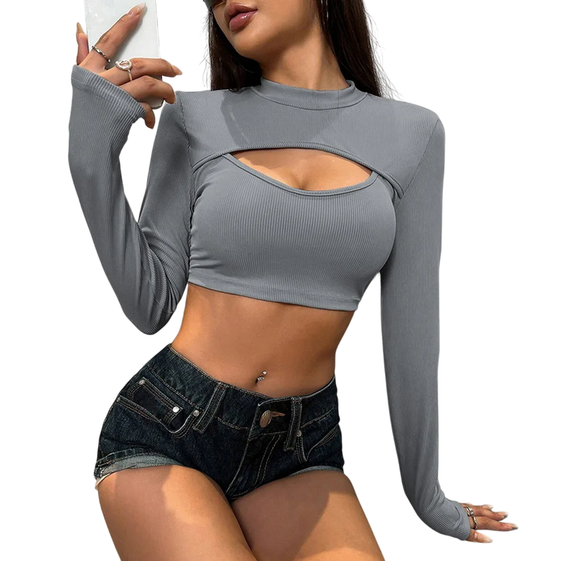 Hollow Out Kırpılmış T-Shirt Uzun Kollu Bisiklet Yaka
