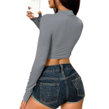 Hollow Out Kırpılmış T-Shirt Uzun Kollu Bisiklet Yaka