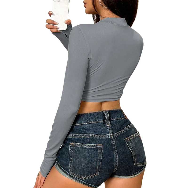 Hollow Out Kırpılmış T-Shirt Uzun Kollu Bisiklet Yaka