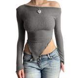 Kadın Omuz Dekolteli Triko Uzun Kollu Crop Bluz