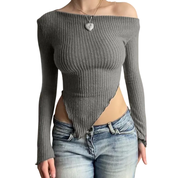 Kadın Omuz Dekolteli Triko Uzun Kollu Crop Bluz