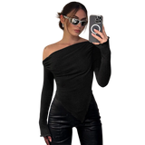 Kadın Omuz Dekolteli Triko Uzun Kollu Crop Bluz