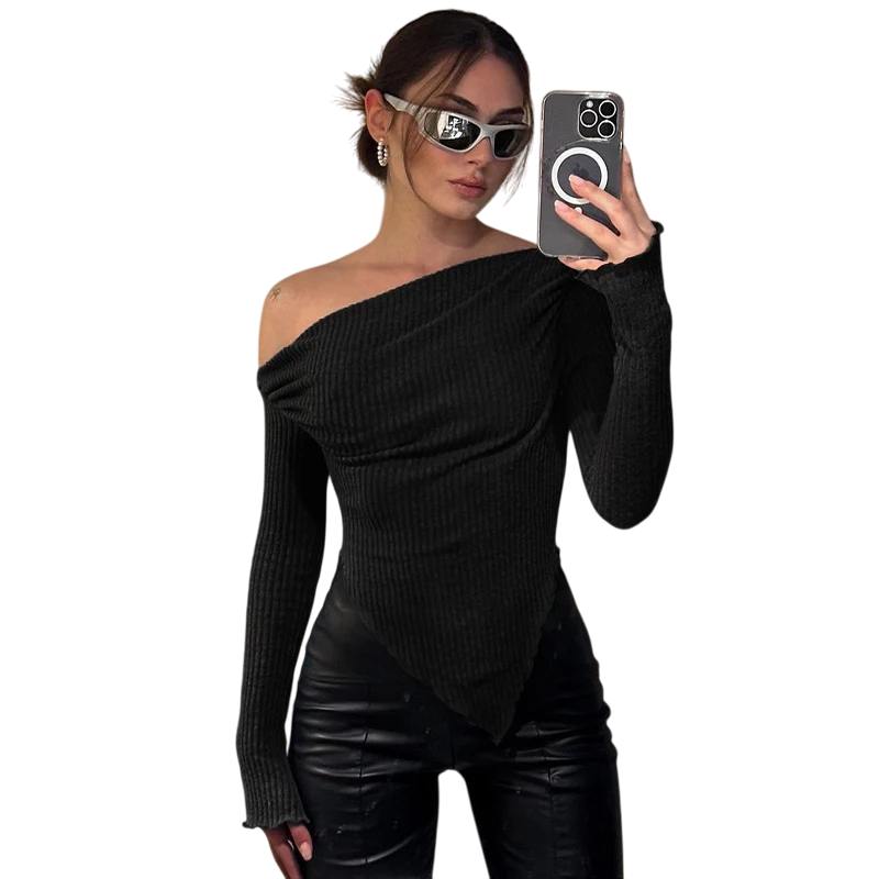 Kadın Omuz Dekolteli Triko Uzun Kollu Crop Bluz